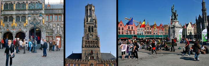 Izquierda, Plaza del Ayuntamiento (Burg); centro, Atalaya de Brujas; derecha, la plaza Grote Markt con la escultura dedicada a los h�roes nacionales, Jan Breydel y Pieter de Conninck