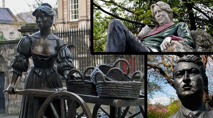 Foto mosaico 1: Izquierda, estatua de Molly Malone en Grafton Street. Arriba derecha, estatua de Oscar Wilde. Abajo derecha, busto dedicado a Michael Collins uno de los negociadores de Independencia de Irlanda.