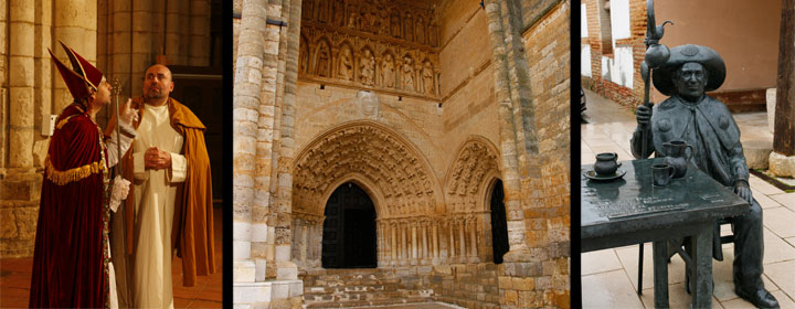 De izquierda a derecha: momento de la representación de las Cantigas y la Iglesia de Santa María, portal gótico de la iglesia de Santa María de Villalcázar de Sirga y estatua de bronce del Mesonero Mayor del Camino De izquierda a derecha: momento de la representación de las Cantigas y la Iglesia de Santa María, portal gótico de la iglesia de Santa María de Villalcázar de Sirga y estatua de bronce del Gran Mesonero