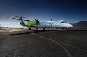 Turbohélice Bombardier DASH-8 Q400 de SkyWork Airlines, que cubre las rutas desde Madrid y Barcelona a Berna, Suiza Turbohélice Bombardier DASH-8 Q400 de SkyWork Airlines, que cubre las rutas desde Madrid y Barcelona a Berna, Suiza