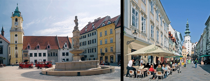 Izquierda, Plaza Principal de Bratislava con la fuente de Maximilian. Derecha, calle San Miguel. Autores: Ján Lacika y Alexander Vojček