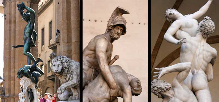 Esculturas de la Loggia dei Lanzi: Izquierda, Perseo y Medusa. Centro, Patroclo y Menelao. Derecha, el Rapto de las Sabinas